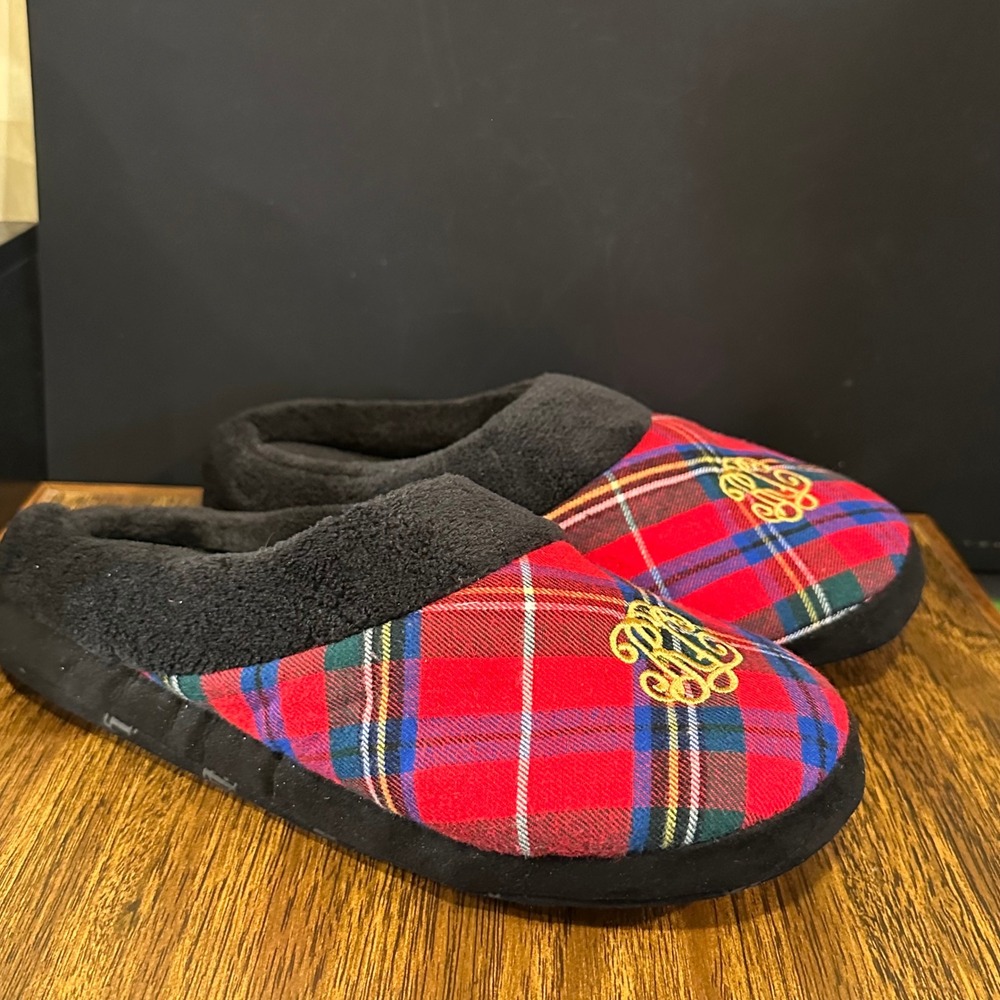 Lauren Ralph Lauren Red Tartan Plaid Crest Slippers Womens Size L Black Faux Fur